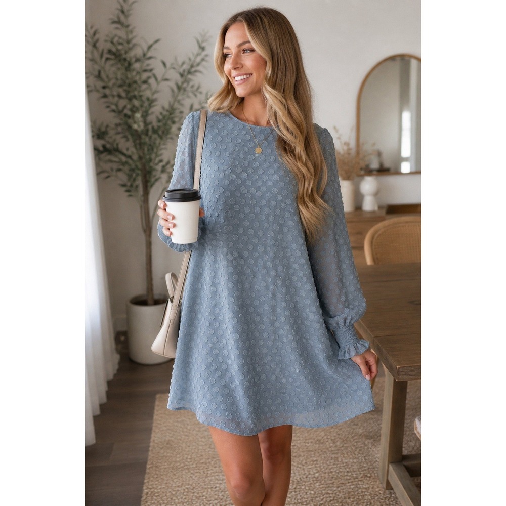 Jodifl Women L Blue Swiss Dot Mini‎ Dress Smocked Ruffle Sleeve Boho Tunic